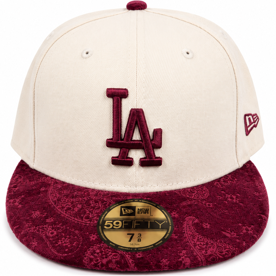Los Angeles Dodgers cream and burgundy paisley New Era 59FIFTY fitted hat - side view