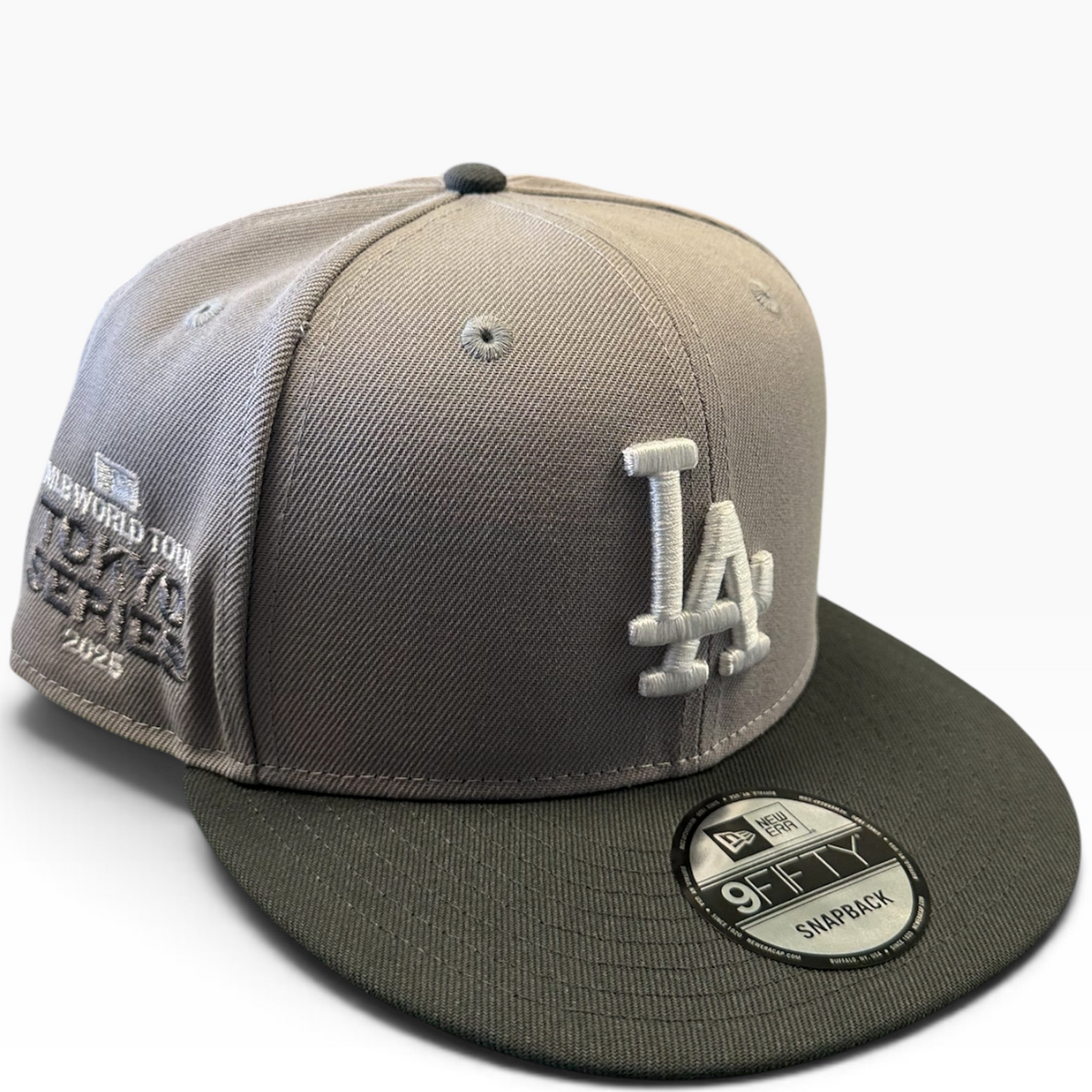 Dodgers gray snapback with 2020 World Series side patch - side view