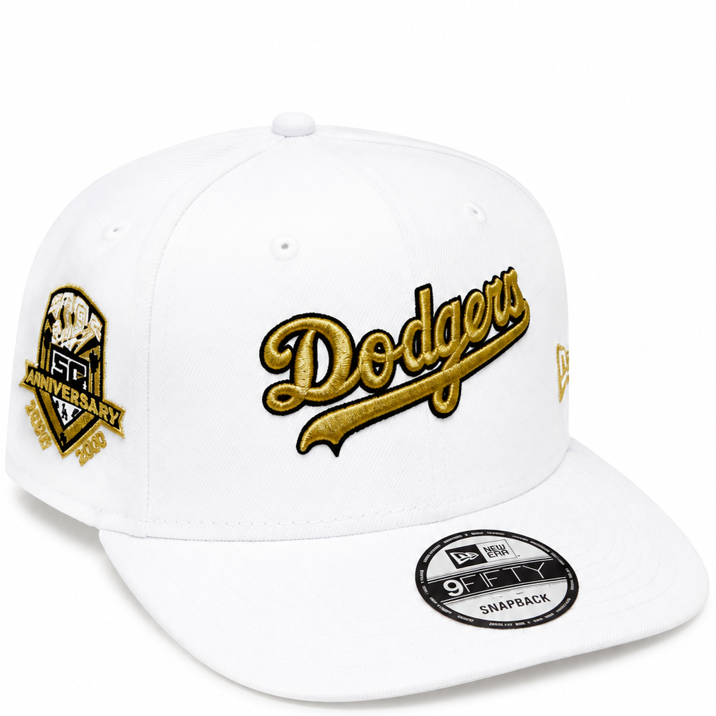 White and gold Los Angeles Dodgers script 9FIFTY snapback hat - front view