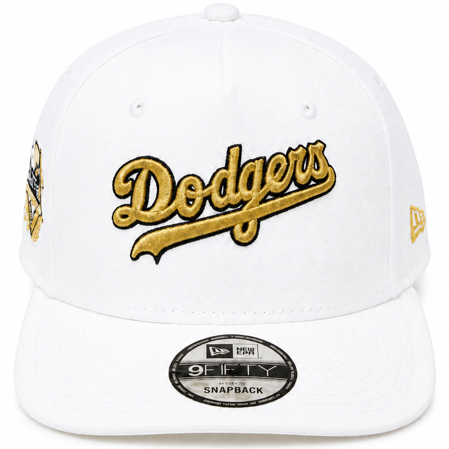 White and gold Dodgers script snapback with anniversary patch - alternate view
