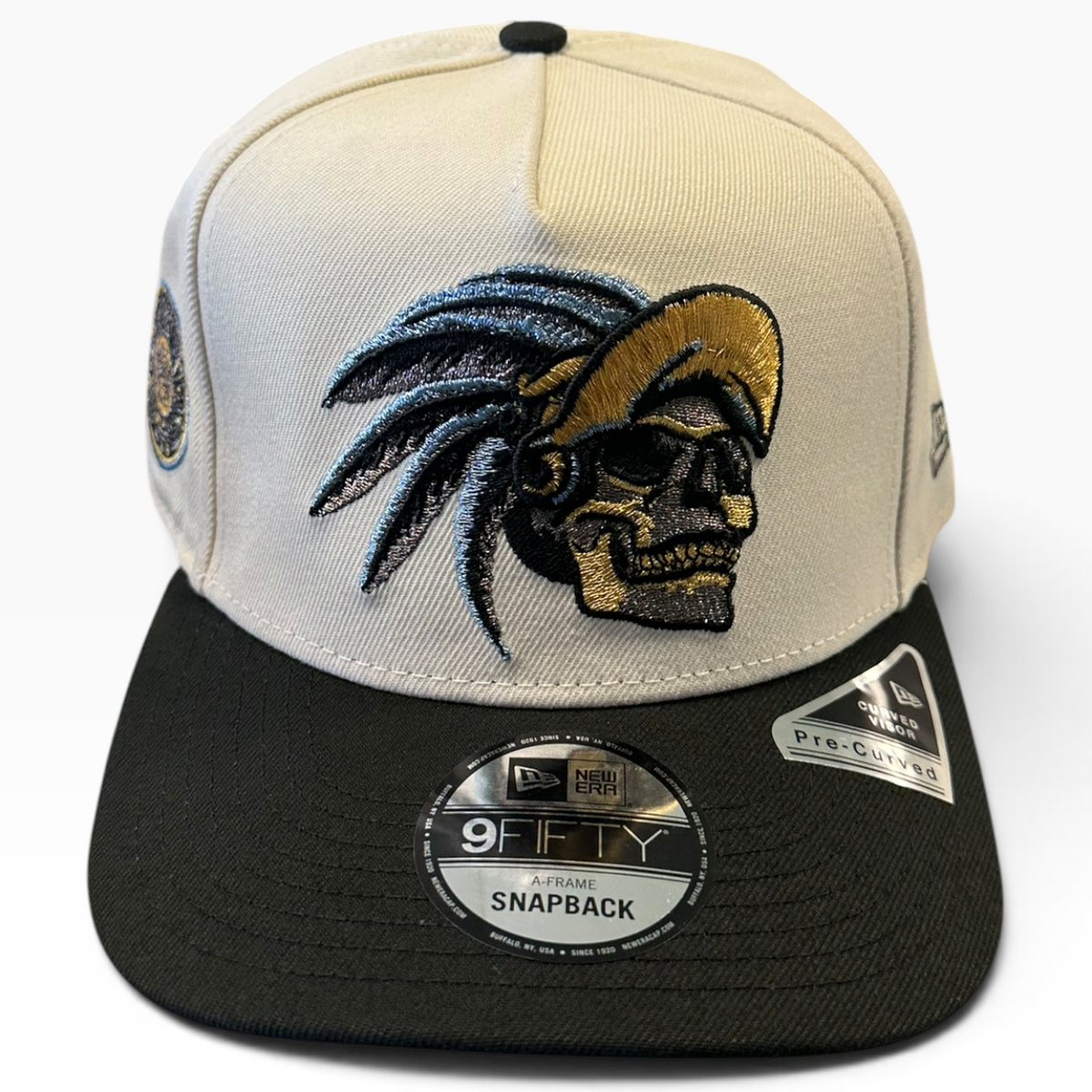 Skull Warrior cream and black New Era 9FIFTY A-Frame snapback hat - side view