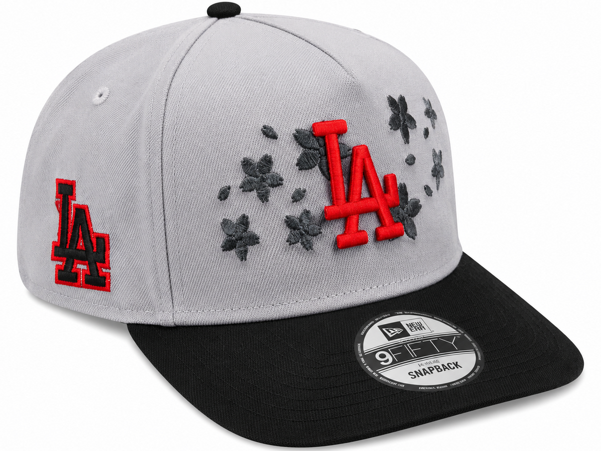New Era Los Angeles Dodgers floral 9FIFTY snapback in gray, black and red with floral embroidery - front view