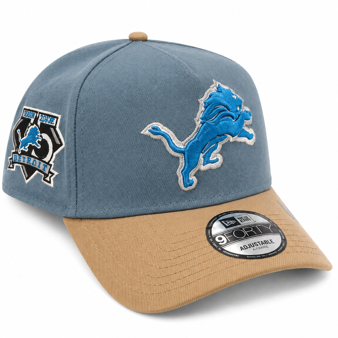 Detroit Lions blue-gray and tan New Era 9FORTY A-Frame adjustable hat - front view
