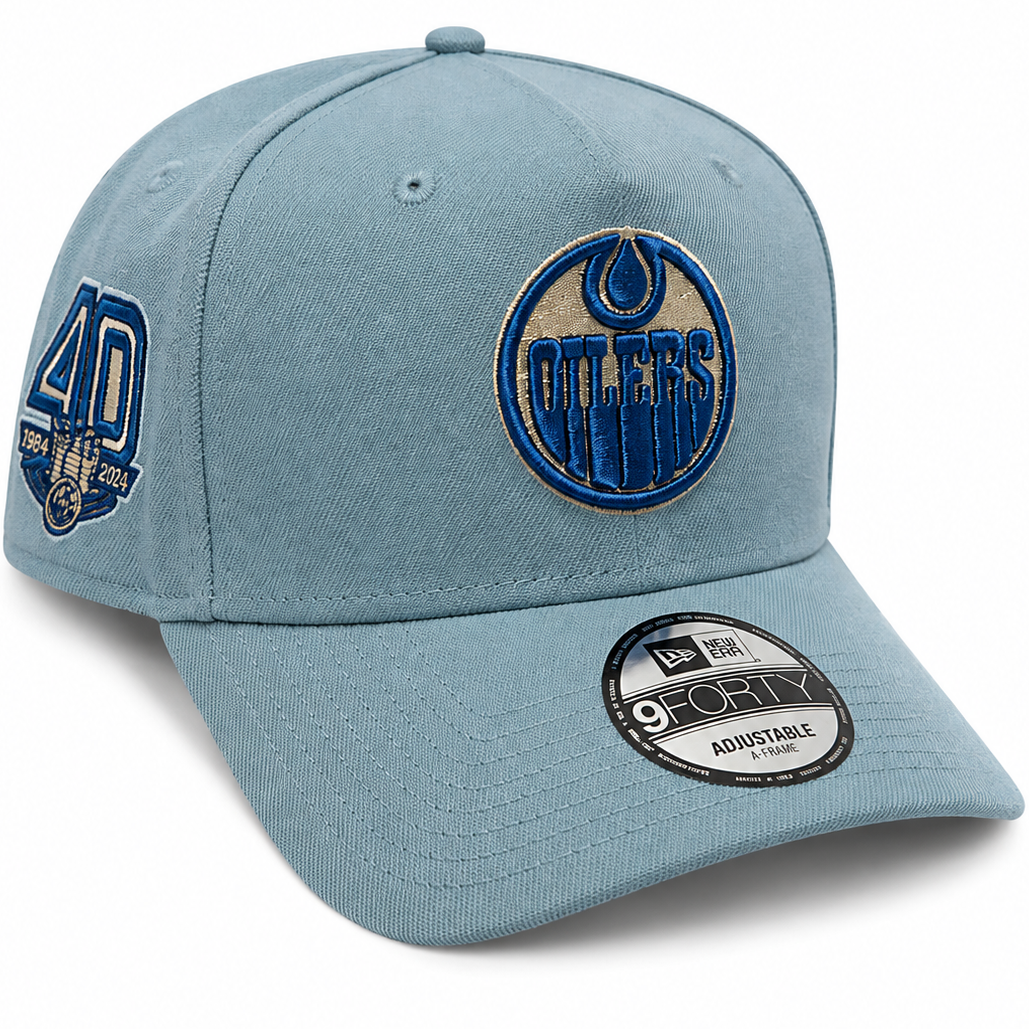 Edmonton Oilers baby blue New Era 9FORTY A-Frame adjustable hat - front view