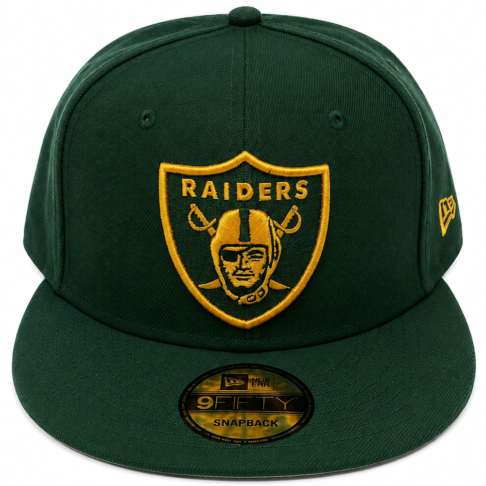 Las Vegas Raiders green and gold New Era 9FIFTY snapback hat - front view
