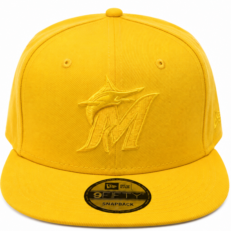 Miami Marlins New Era 9FIFTY yellow snapback hat - front view