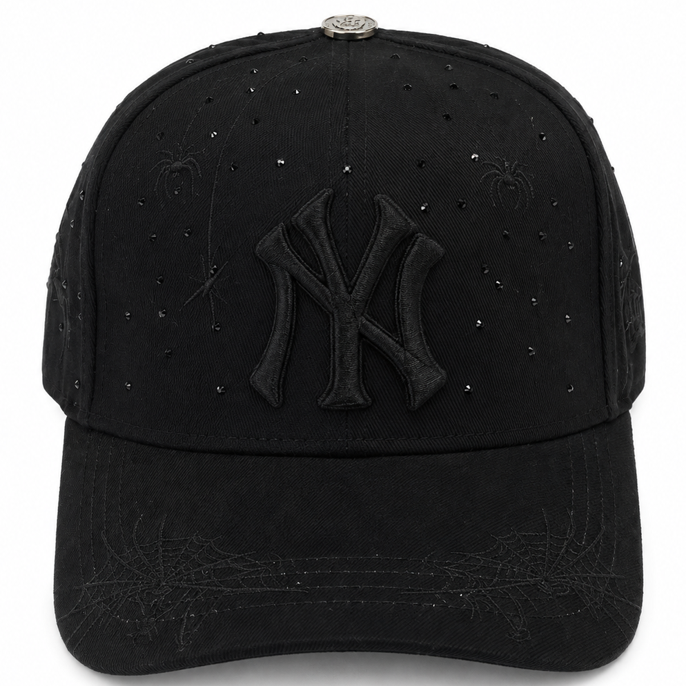 Black NY Spiderweb Rhinestone Snapback Hat – front view