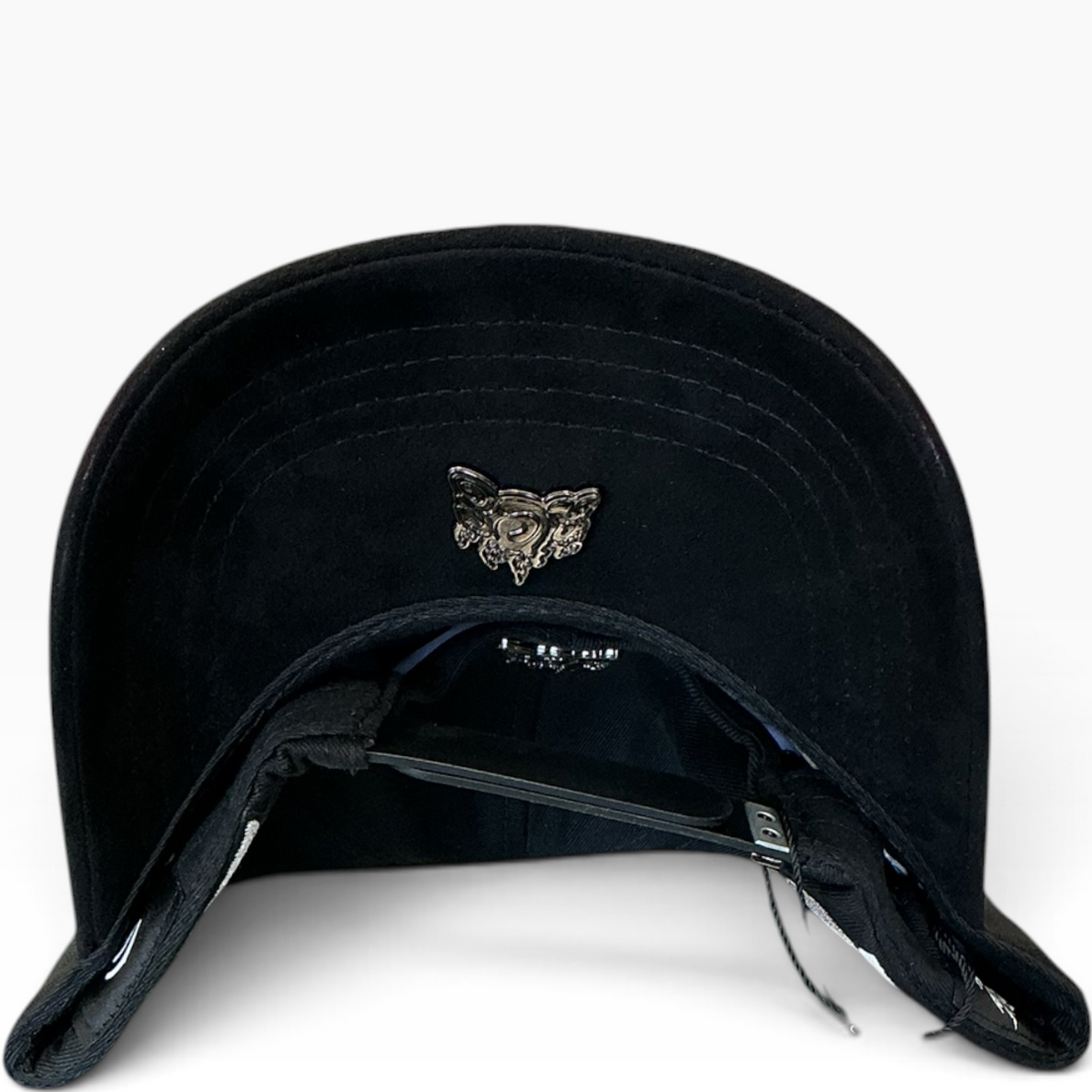 Black rhinestone flower graphic snapback hat - front view