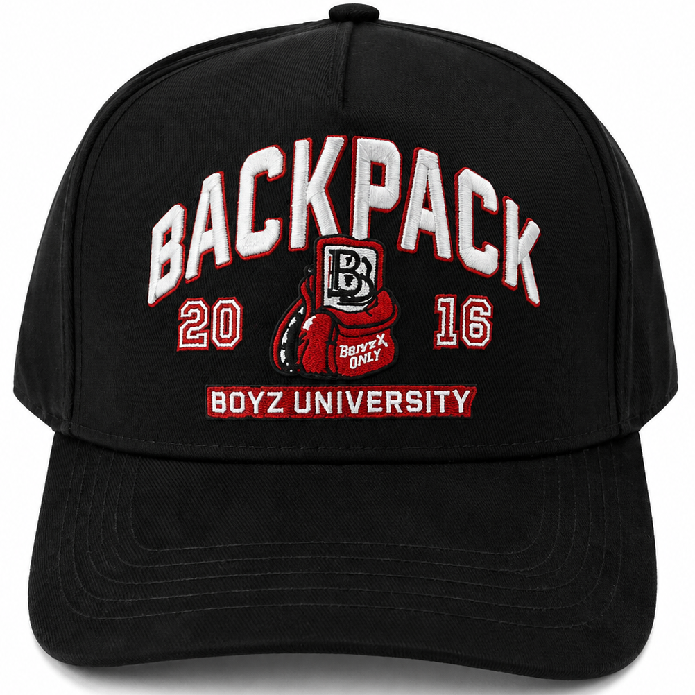 Backpack Boyz University black snapback hat with varsity embroidery - front view