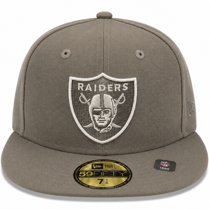 Las Vegas Raiders taupe and gray New Era 59FIFTY fitted hat - front view