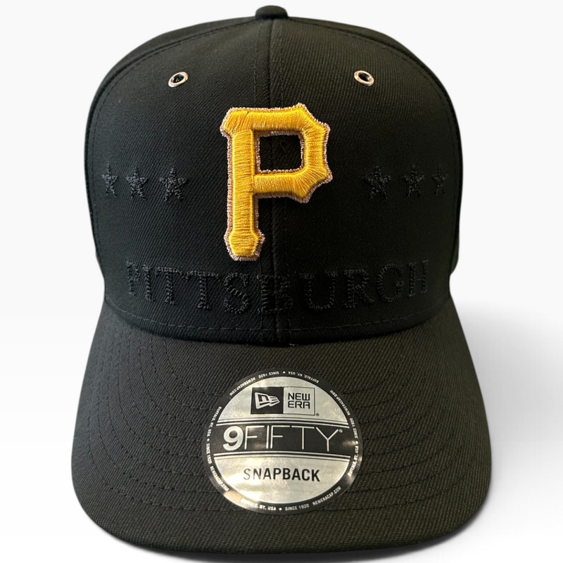 Pittsburgh Pirates black New Era 9FIFTY snapback hat with gold P logo - front view