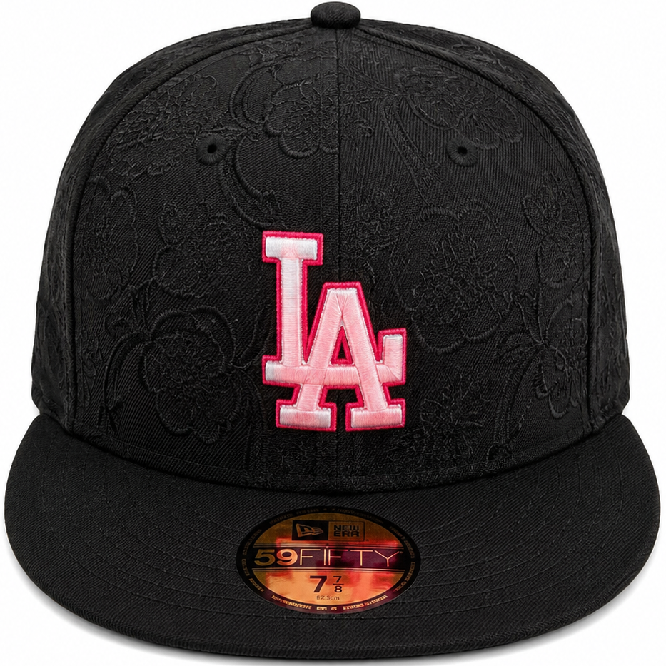 Los Angeles Dodgers black floral 59FIFTY fitted hat with pink and white LA logo – front view