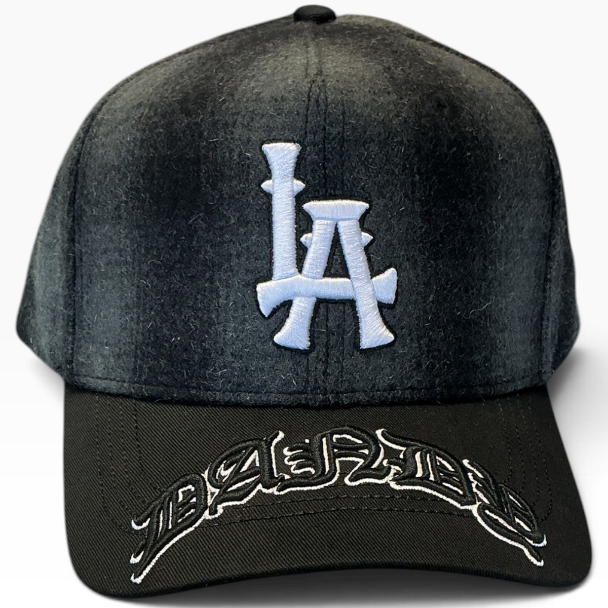 LA black wool snapback with underbrim embroidery - detail view