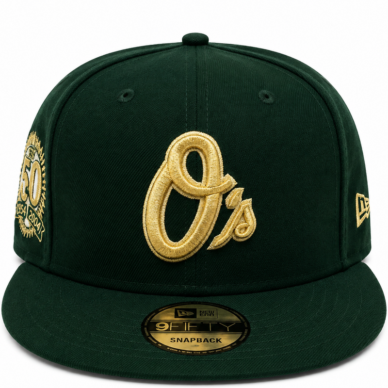 Baltimore Orioles 50th Anniversary forest green and gold snapback hat - front view