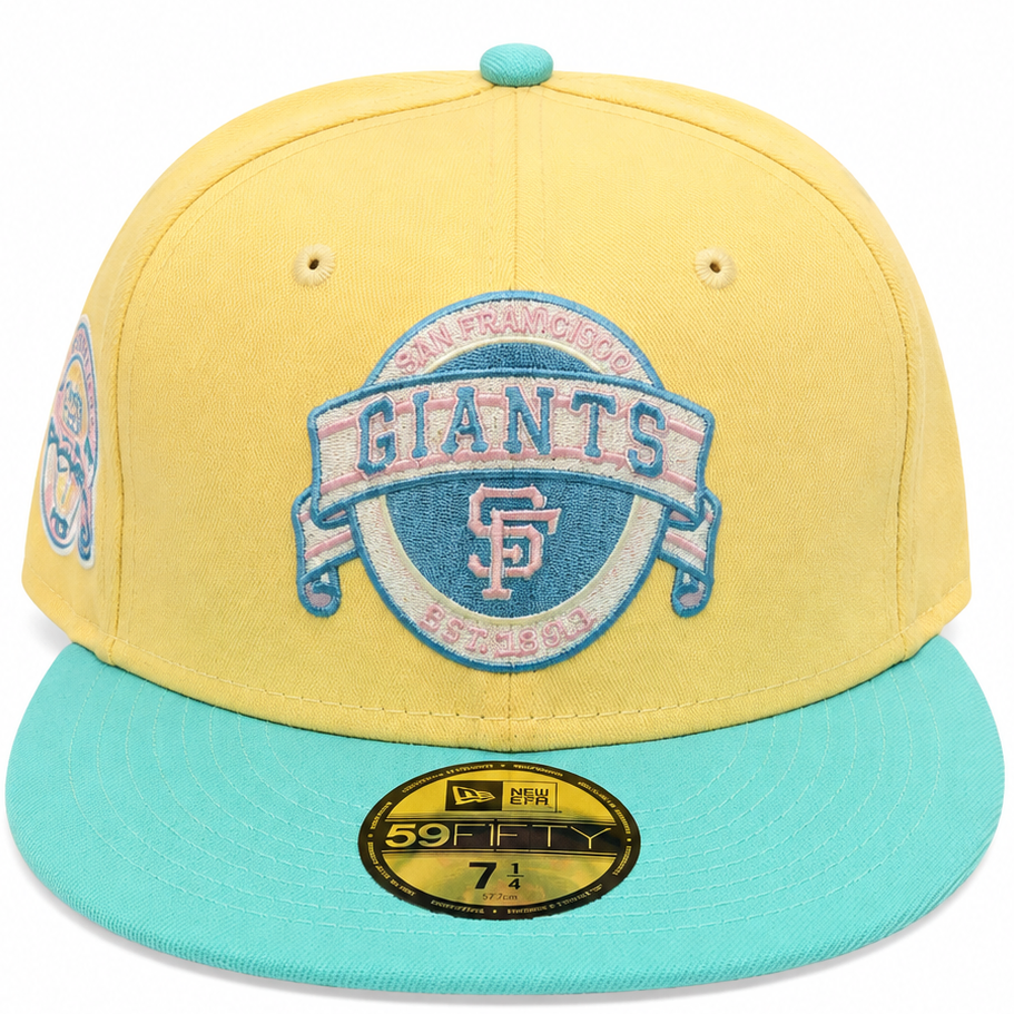 San Francisco Giants Pastel Yellow / Aqua New Era 59FIFTY fitted hat - side view