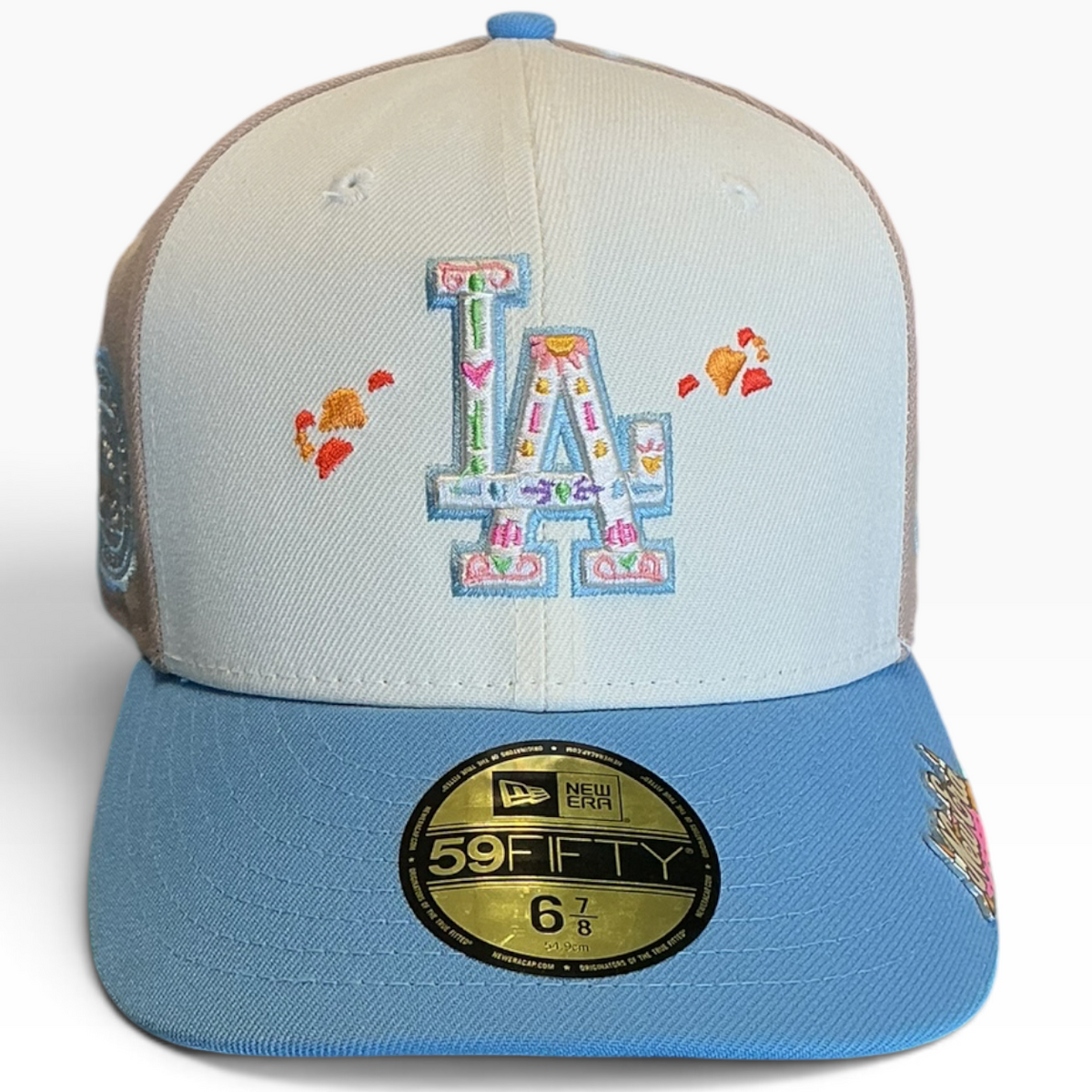 Los Angeles Dodgers cream, tan and blue LA Taco Embroidery New Era 59FIFTY fitted hat - detail view