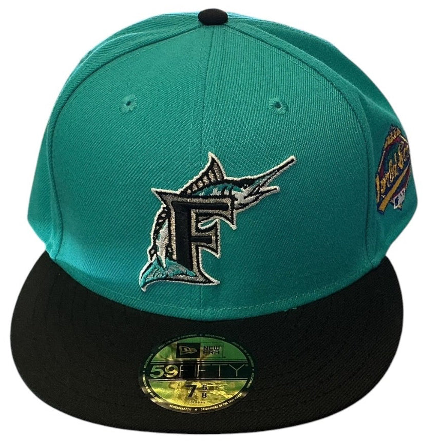 Florida Marlins teal and black New Era 59FIFTY fitted hat - front view