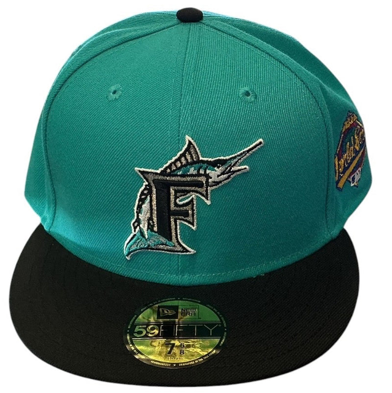 Florida Marlins teal and black New Era 59FIFTY fitted hat - front view