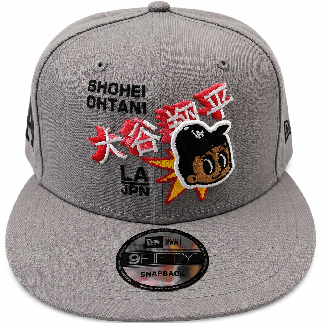 Ohtani LA Japan gray snapback with Japanese lettering and character patch - alternate view