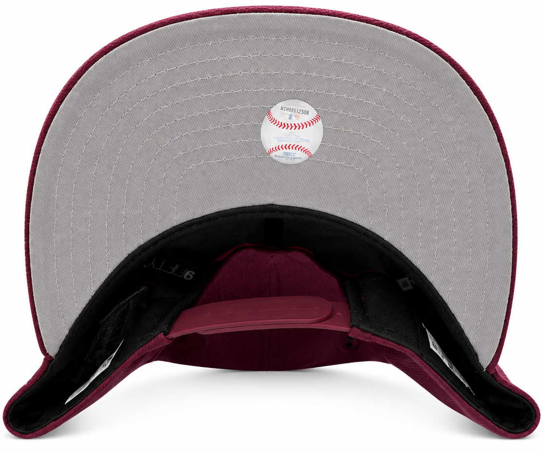 Atlanta Braves burgundy and gold New Era 9FIFTY snapback hat - back view