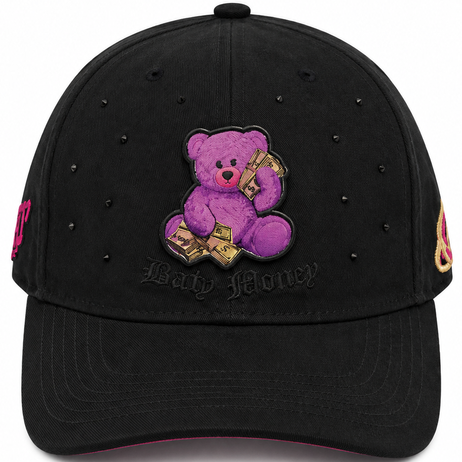 Cash Only Black & Pink Money Bear Cap – front view