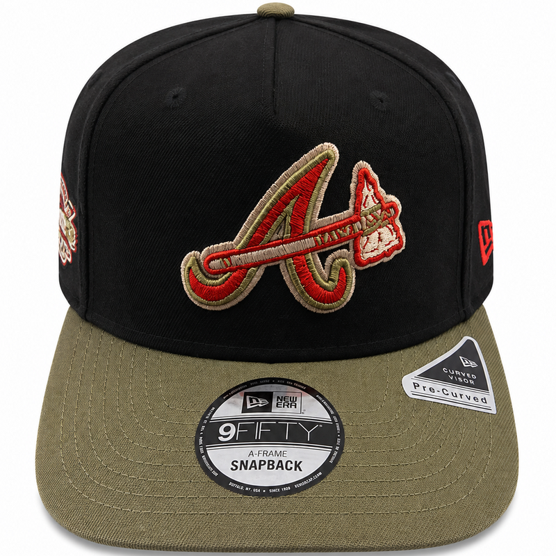 Braves black and olive A-Frame snapback with embroidered side patch - side view