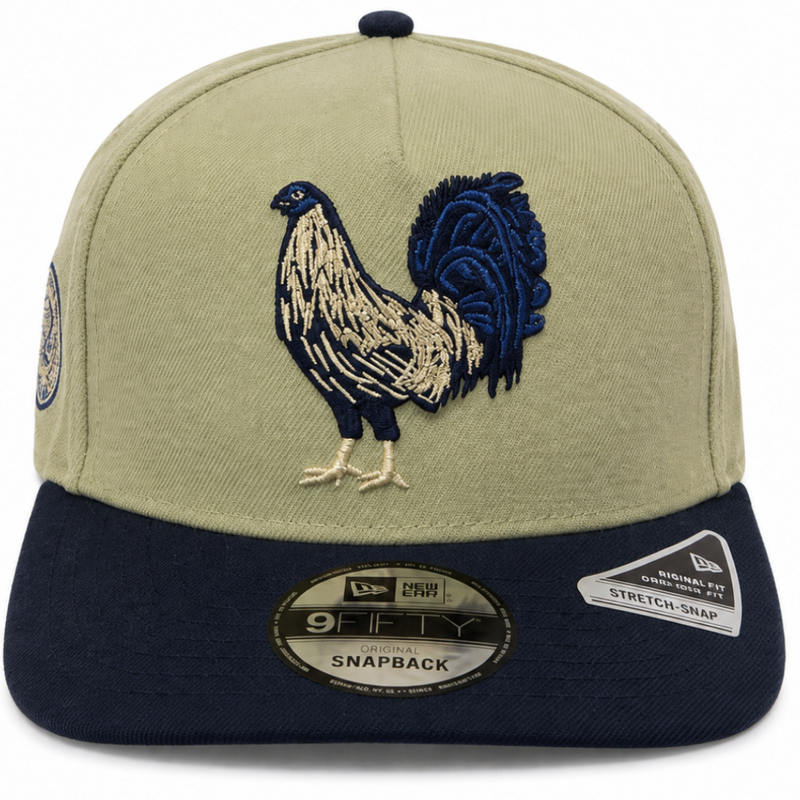 Rooster embroidered khaki & navy New Era 9FIFTY snapback hat - back view