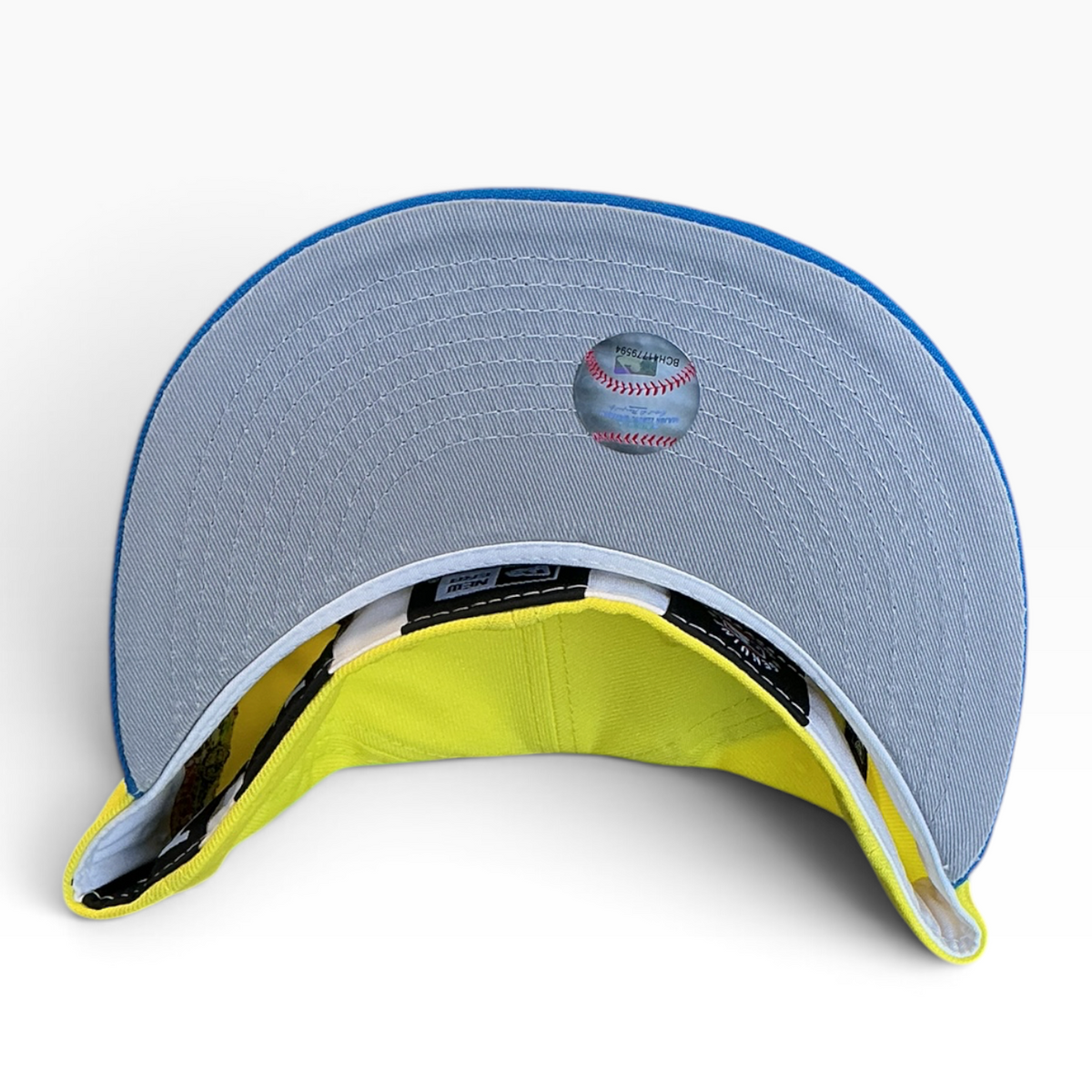 Florida Marlins neon yellow and blue New Era 59FIFTY fitted hat - undervisor detail
