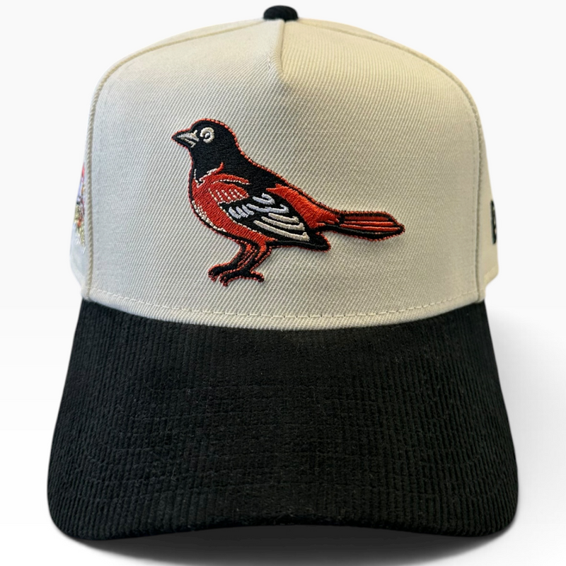 Baltimore Orioles cream and black New Era 9FORTY A-Frame adjustable hat - side view