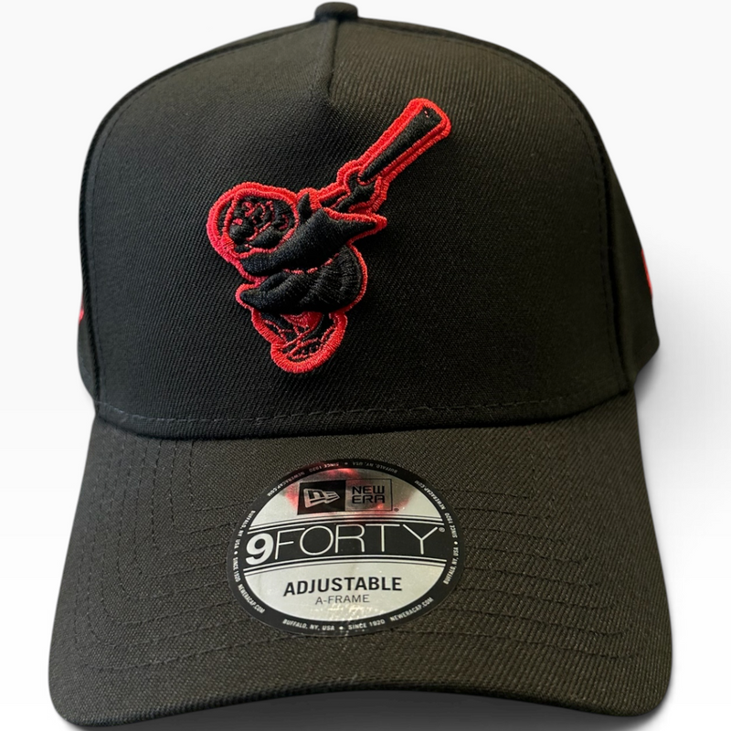 Baltimore Orioles black and red New Era 9FORTY A-Frame adjustable hat - front view