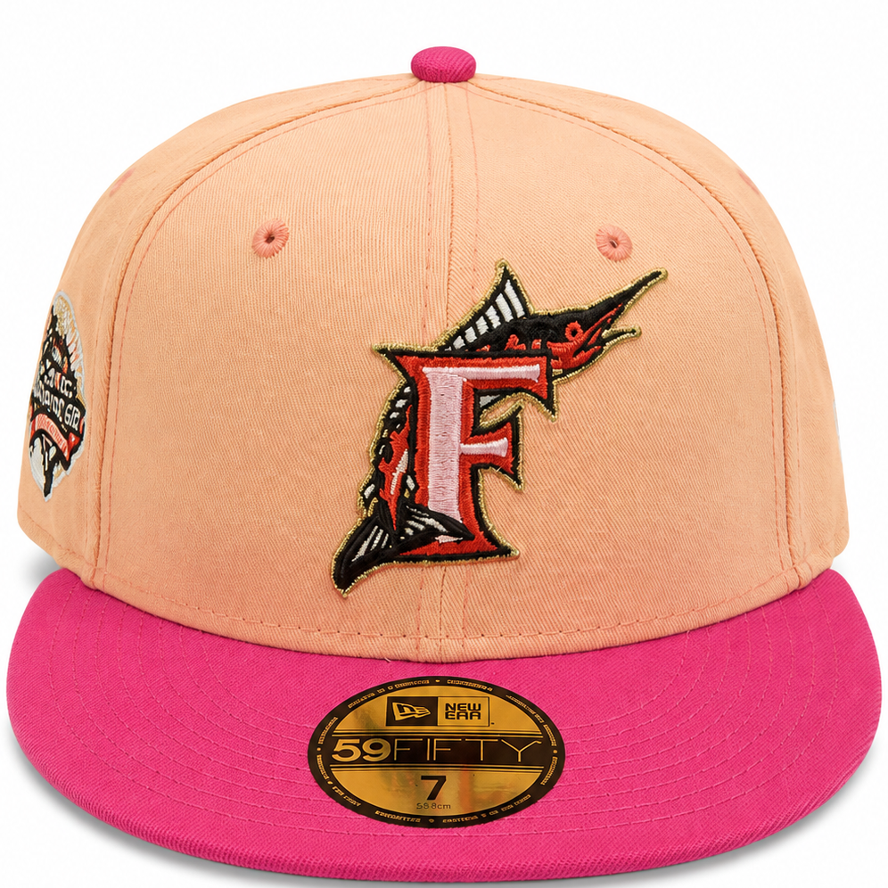 Florida Marlins Peach / Pink New Era 59FIFTY fitted hat - side view