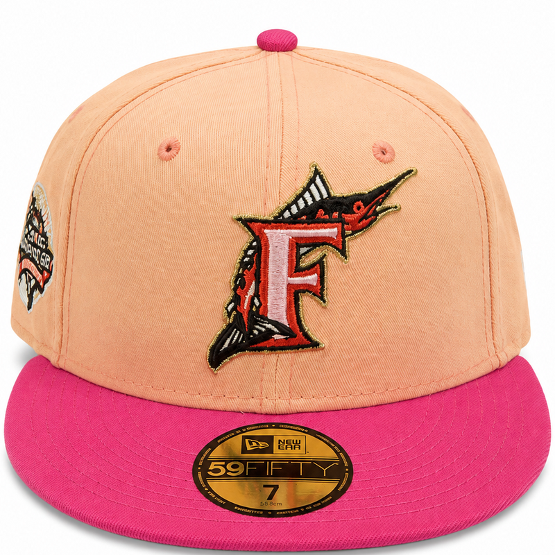 Florida Marlins Peach / Pink New Era 59FIFTY fitted hat - side view