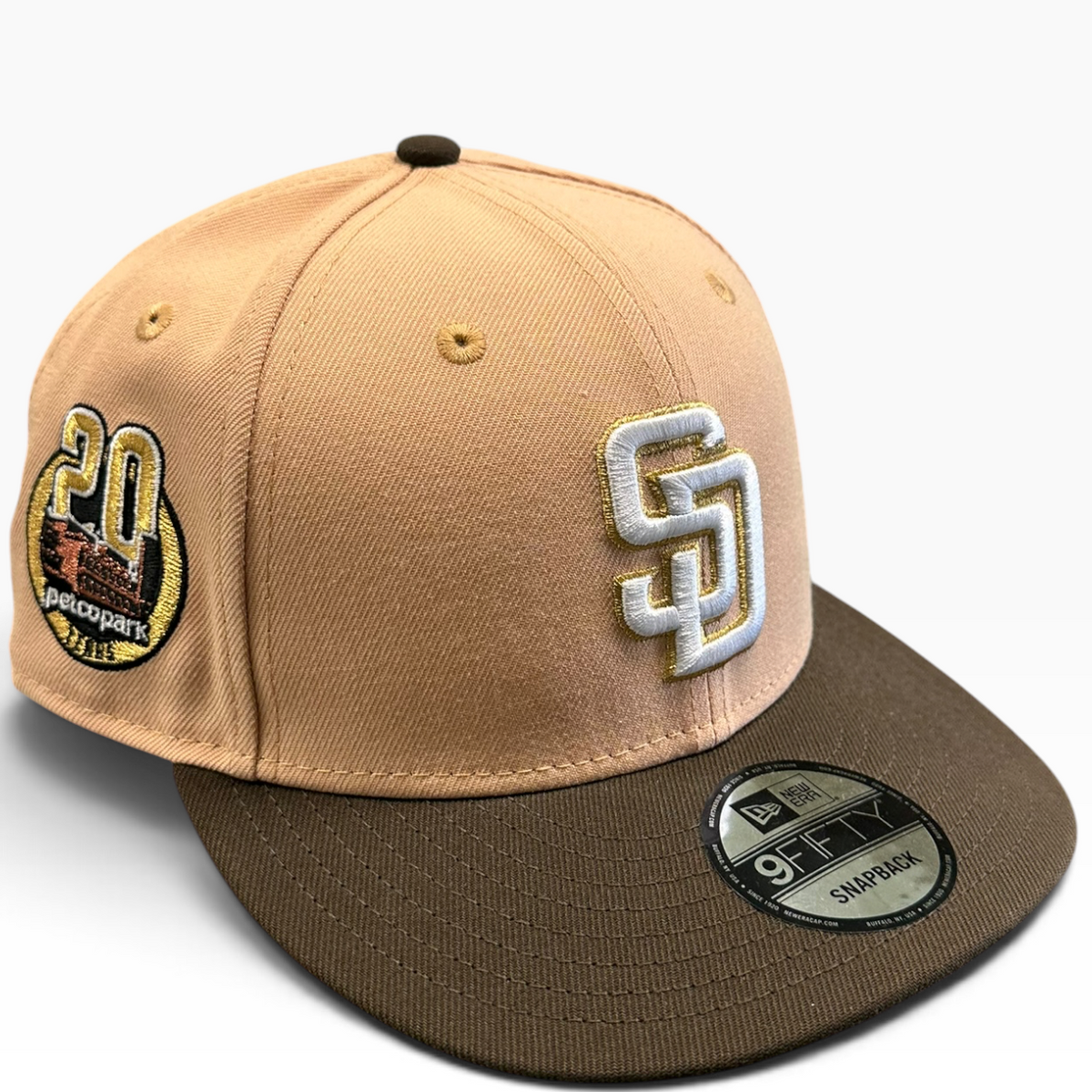 Padres tan snapback with Petco Park 20th Anniversary side patch - side view