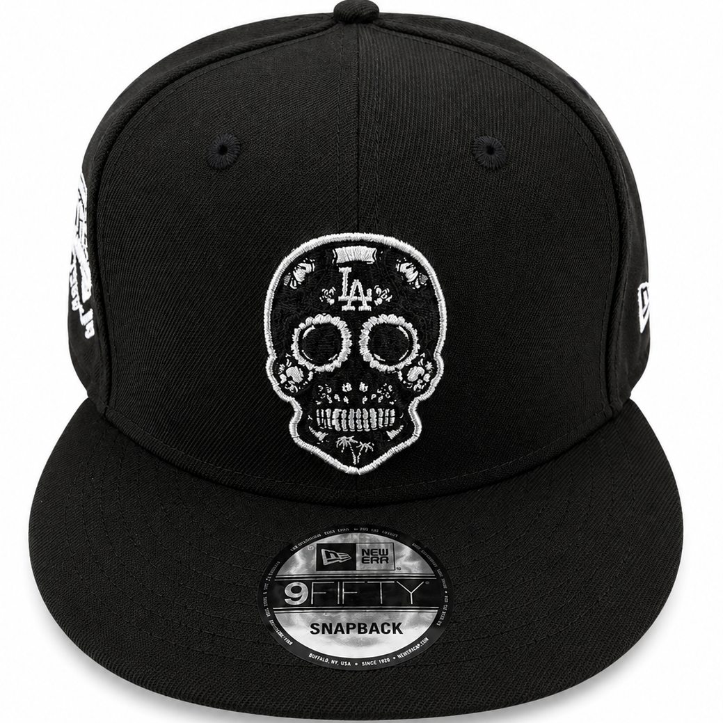 New Era LA Dodgers sugar skull black 9FIFTY snapback hat with embroidered skull design - front view