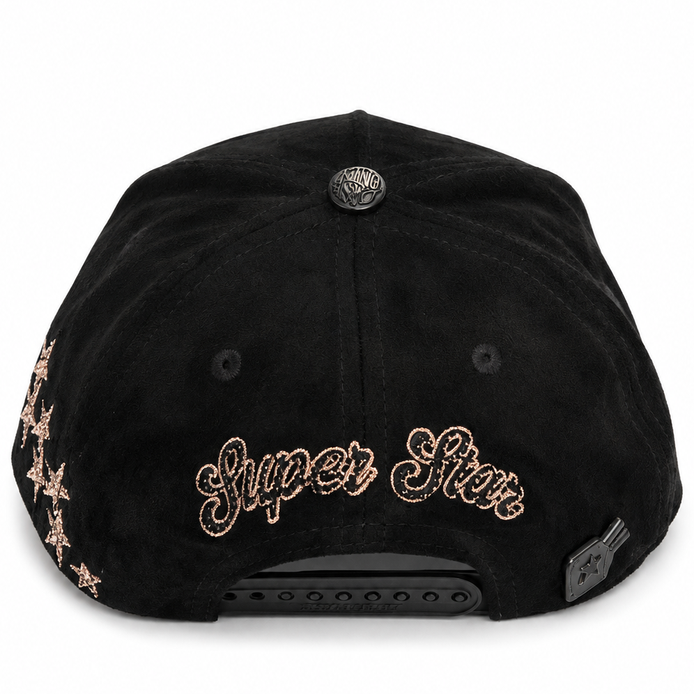 Black suede rhinestone star cap - side view