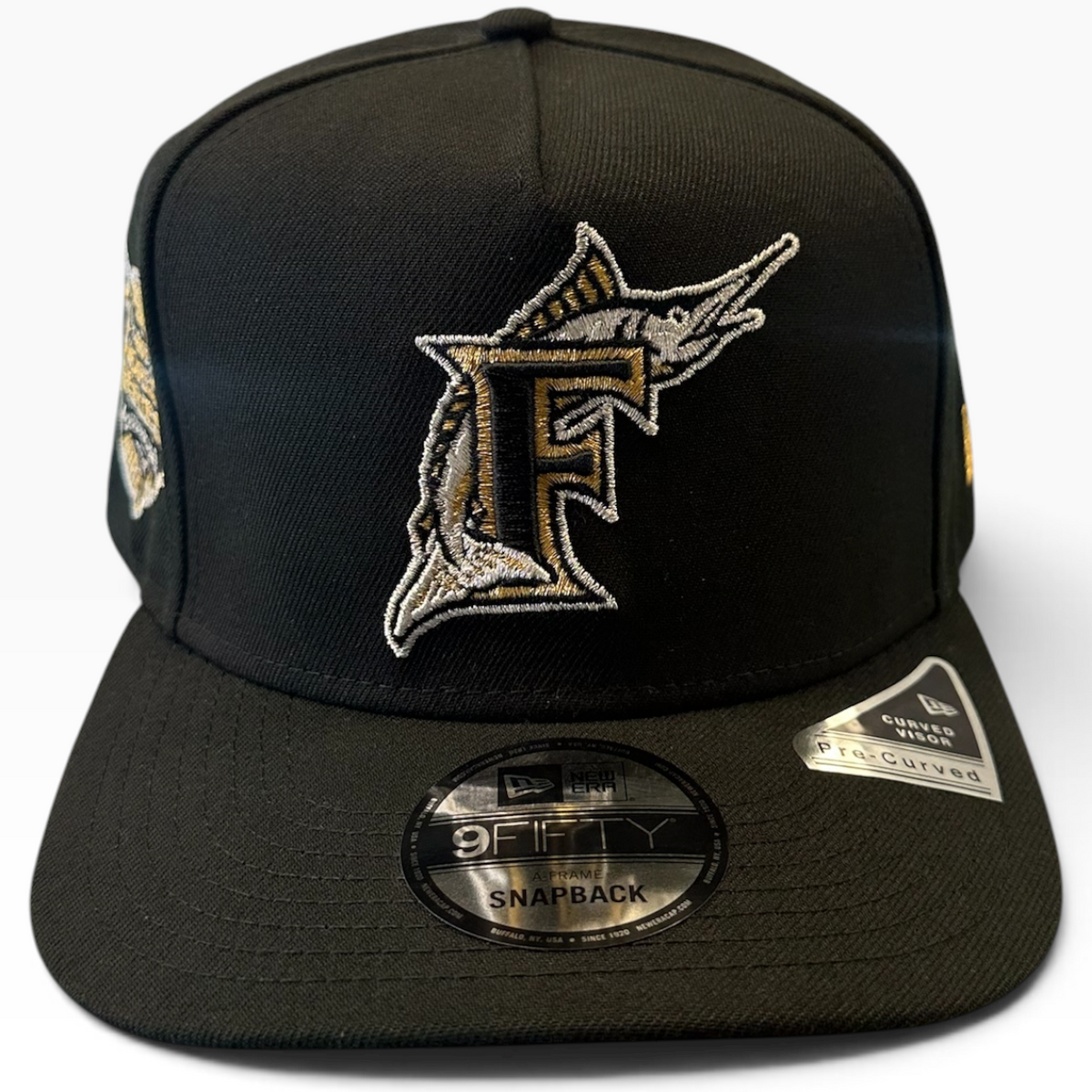Florida Marlins Black & Gold New Era 9FIFTY A-Frame snapback hat - front view