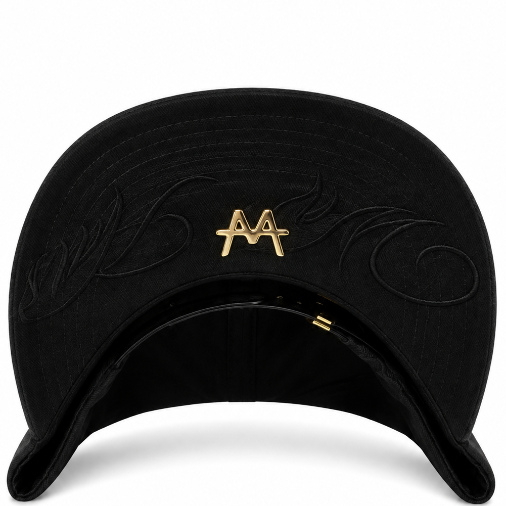 Black and gold pharaoh hat with Egyptian design - front view