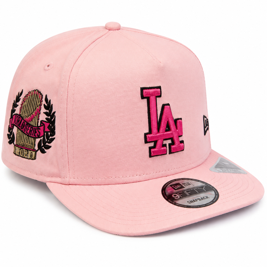 Los Angeles Dodgers pink New Era 9FIFTY snapback hat - side view