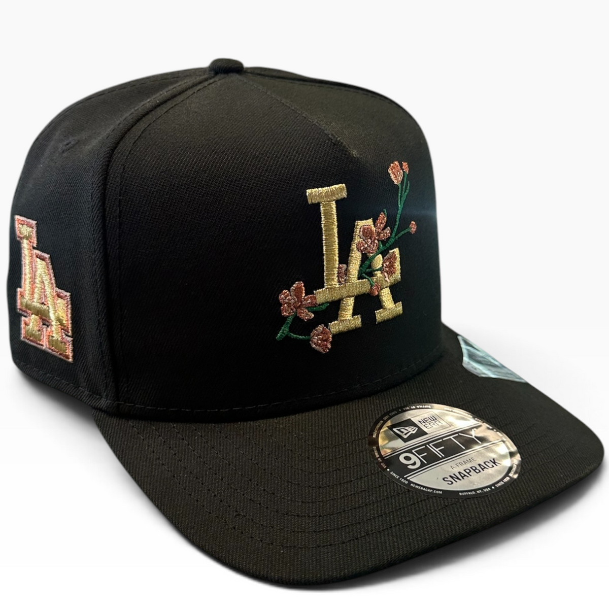 Los Angeles Dodgers Floral Black & Gold New Era 9FIFTY A-Frame snapback hat - front view