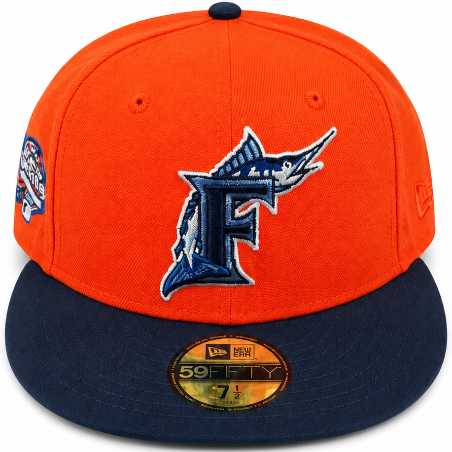 Florida Marlins orange and navy World Series New Era 59FIFTY fitted hat - back view