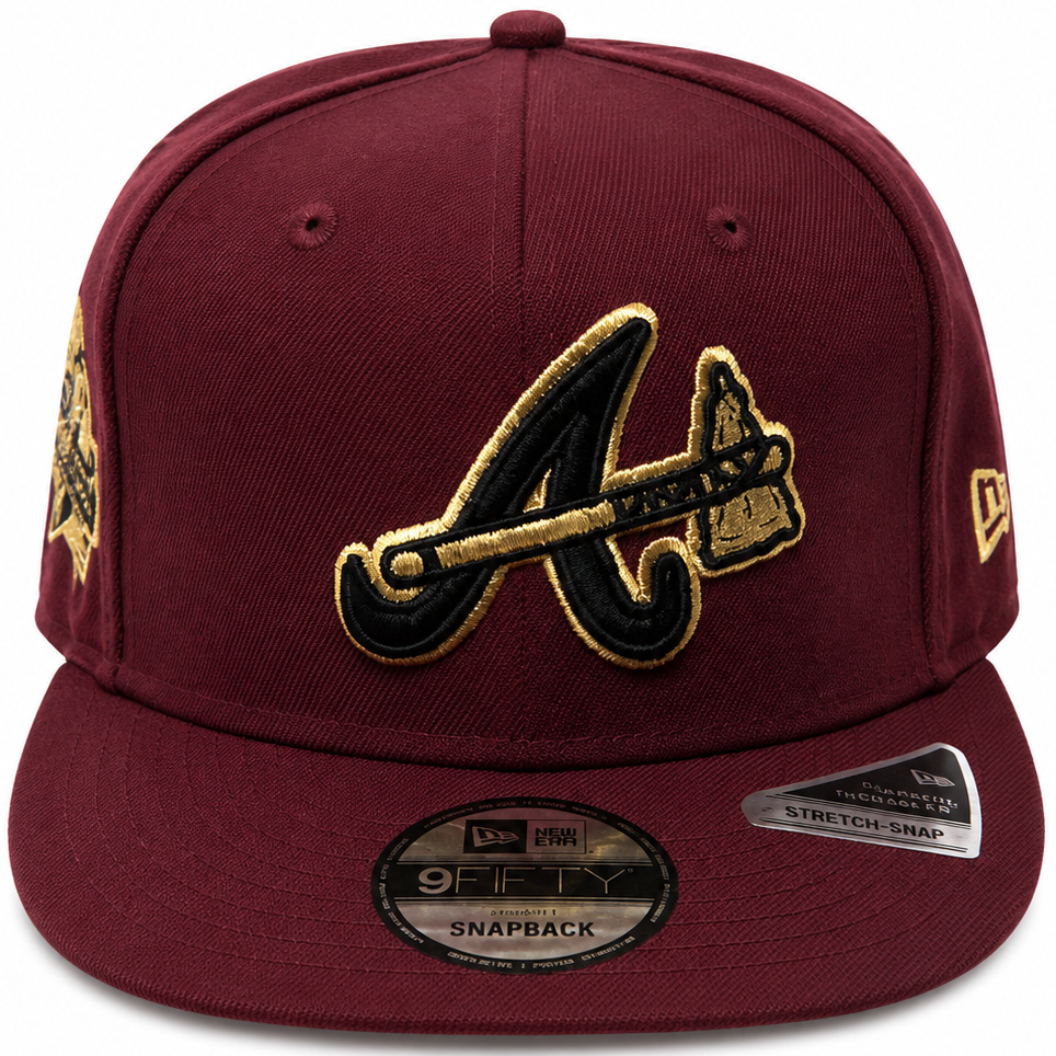 Atlanta Braves burgundy and gold New Era 9FIFTY snapback hat - side view
