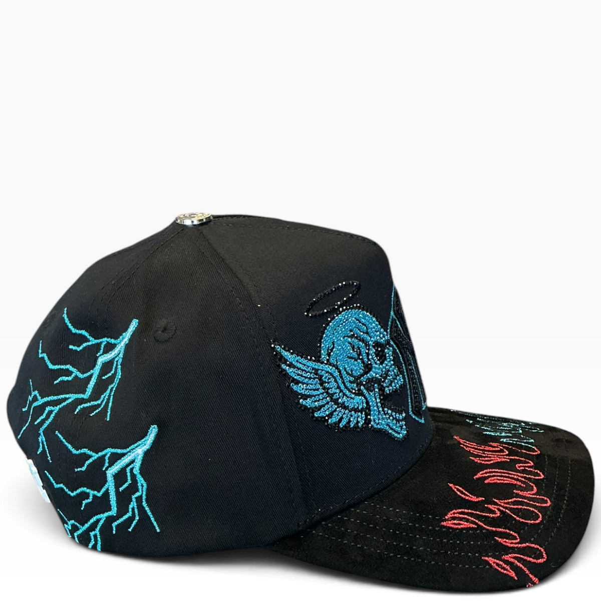 NY Angel Devil snapback with flame brim details - side view