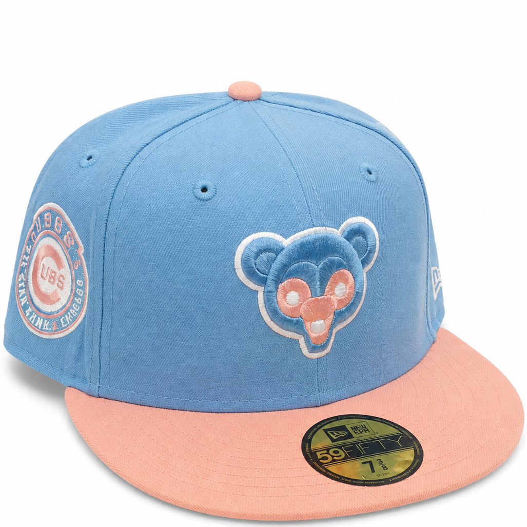 Chicago Cubs sky blue and peach bear logo New Era 59FIFTY fitted hat - side view