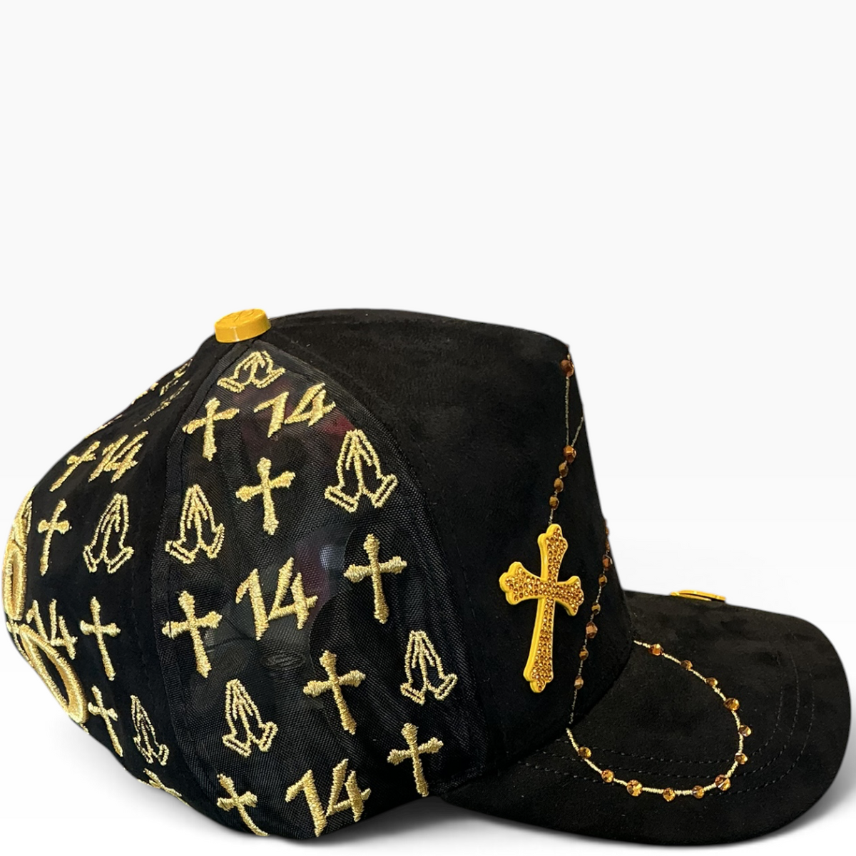 14 gold cross suede snapback with praying hands graphics - side view