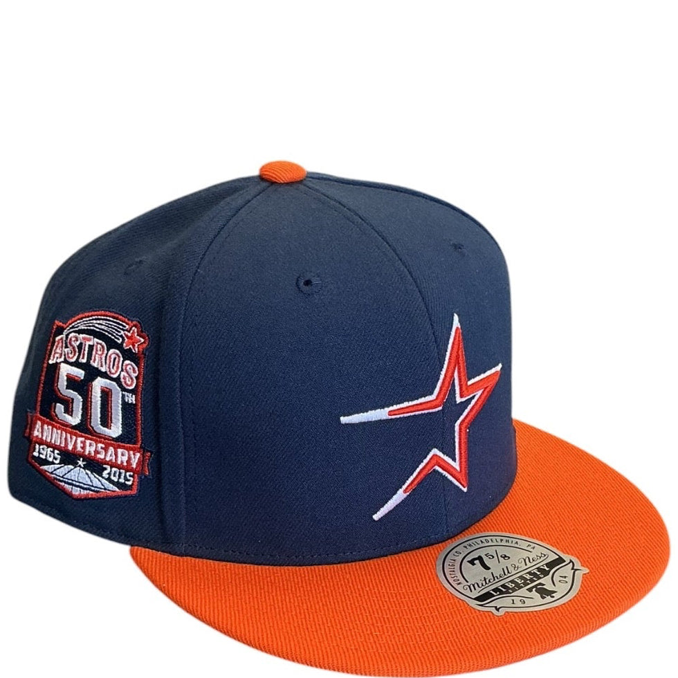 Houston Astros navy and orange Mitchell & Ness fitted hat - front view