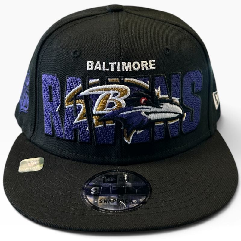 Baltimore Ravens Black Multi-Logo New Era 9FIFTY snapback hat - front view