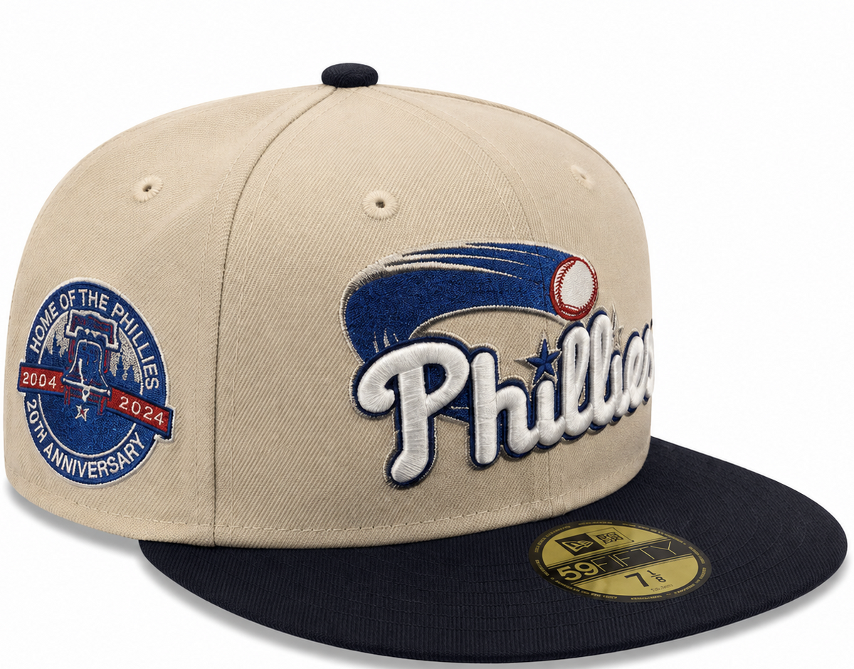 Philadelphia Phillies tan and navy New Era 59FIFTY fitted hat - side view