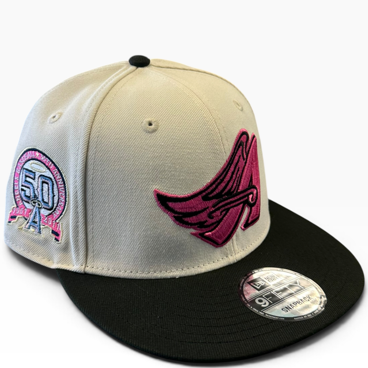Angels cream snapback with pink winged A logo and 50th Anniversary patch - side view