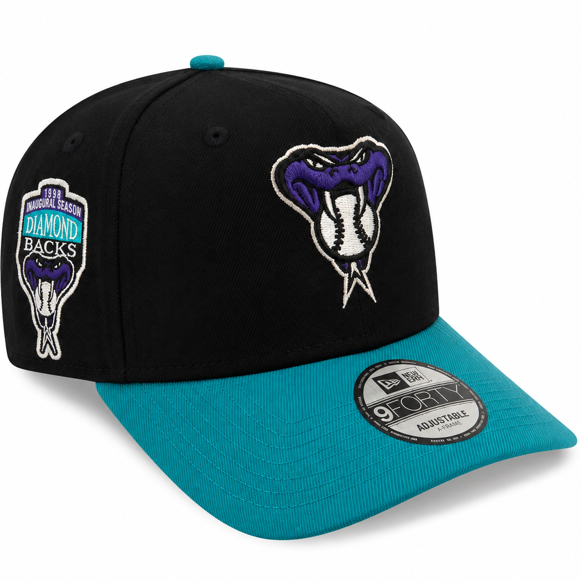 New Era Arizona Diamondbacks 1998 Inaugural Season black and teal 9FORTY A-Frame hat with snake logo - front view