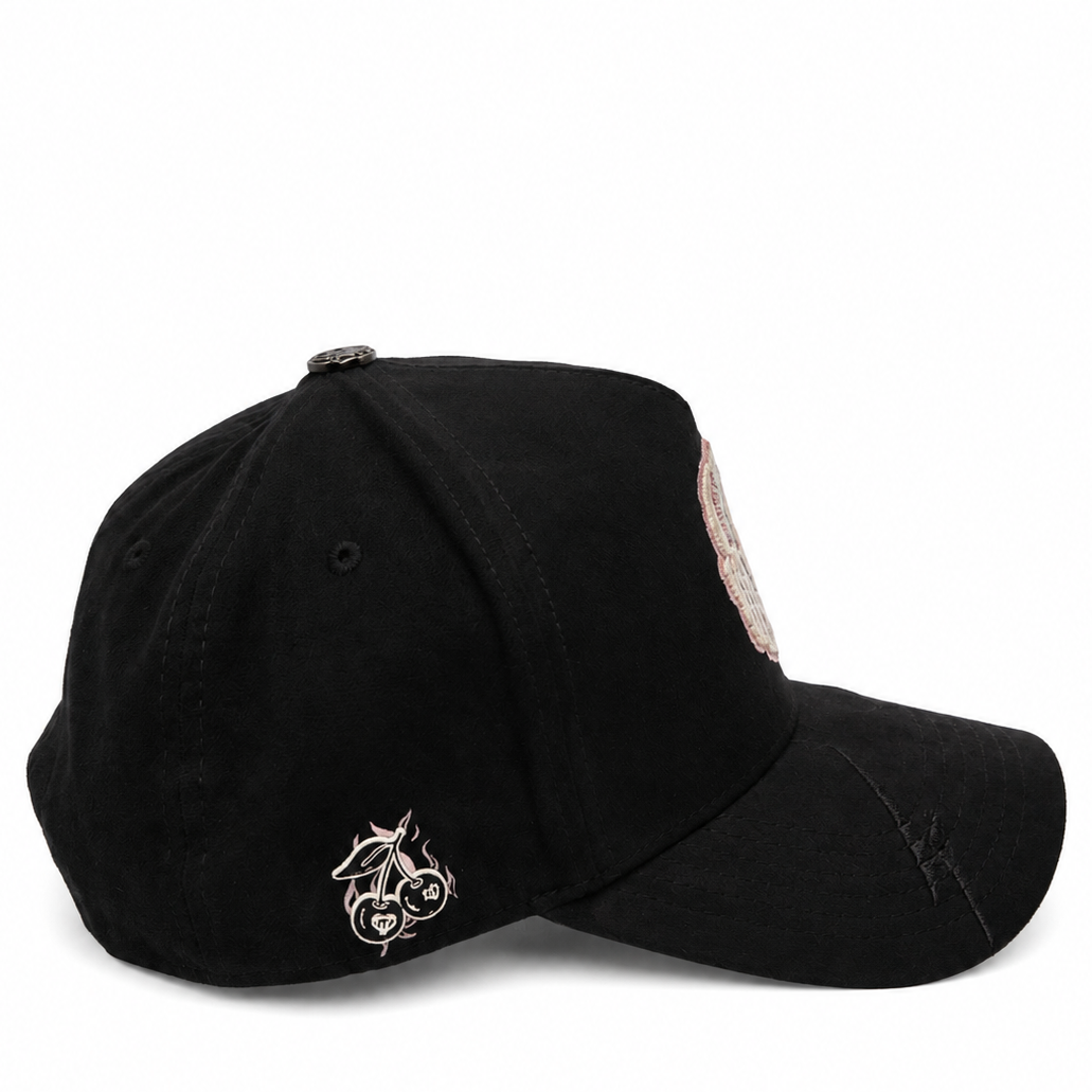Cash Only black and pink cap with script embroidery - side view